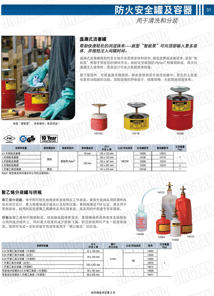 美國(guó)杰斯瑞特，JUSTRITE，活塞安全罐，盛漏式活塞罐，化學(xué)品分裝罐，